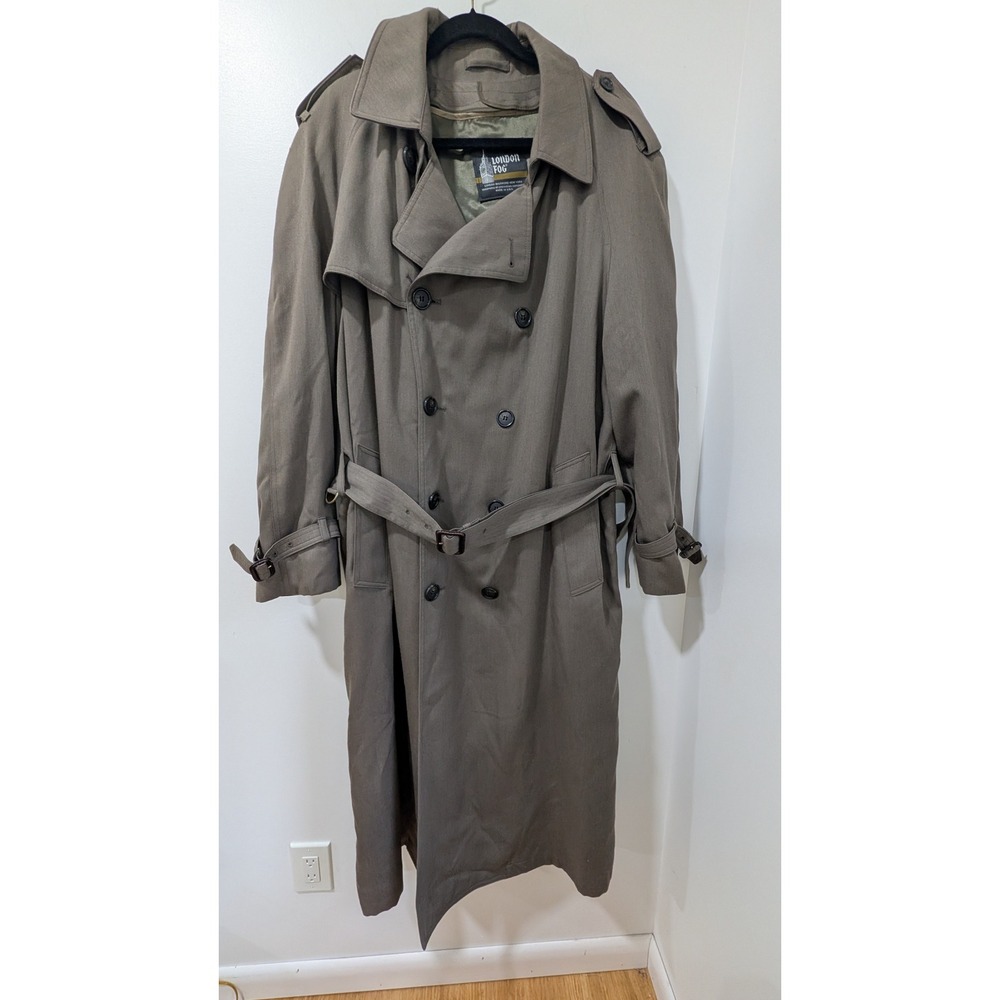 Vintage London Fog Trench Coat Mens 42 Long Taupe Belted Double Breasted USA